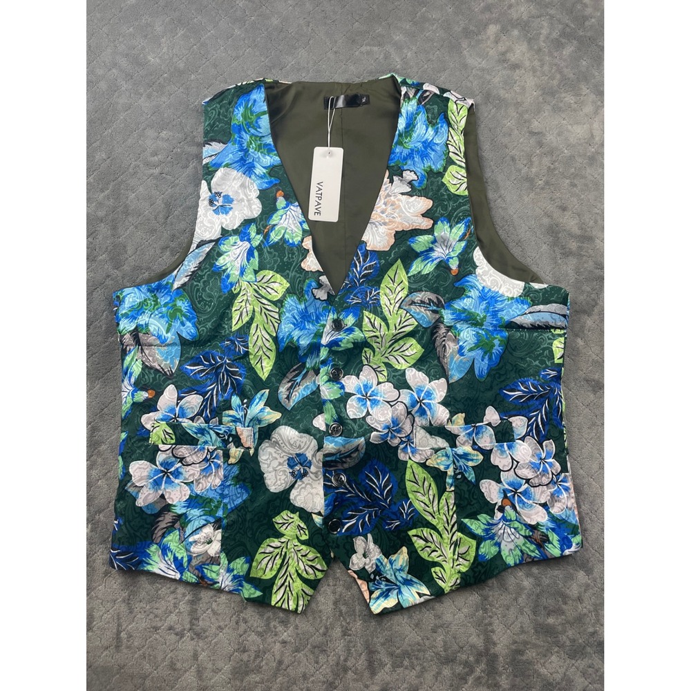 VATPAVE XL Steampunk Floral Vest Blue‎ Green White Button Front Pockets Belted